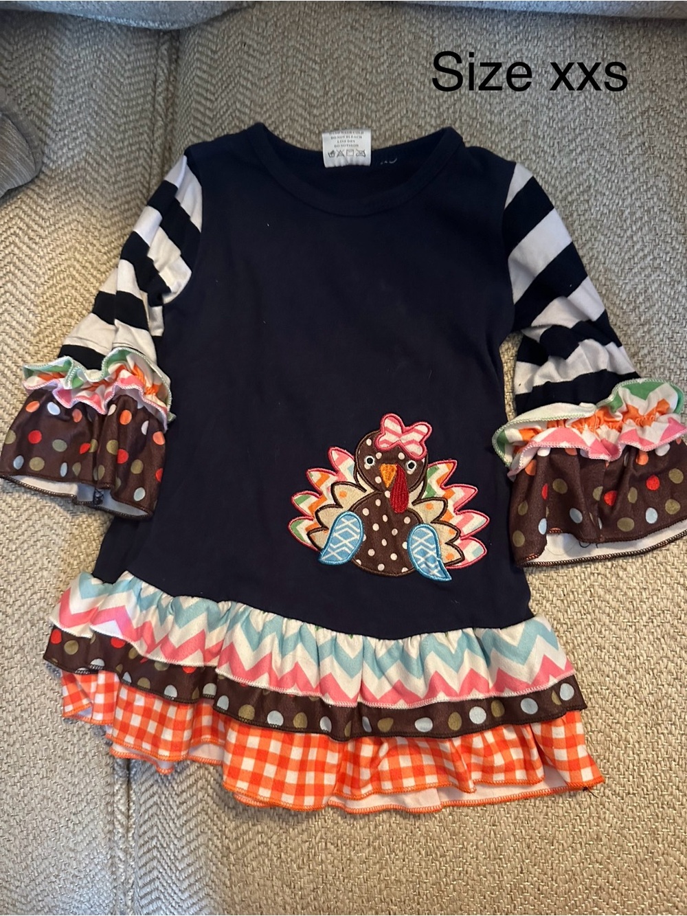 Girls Navy Turkey Ruffle Dress with Patterned Trim